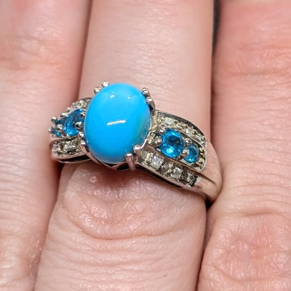 Genuine Turquoise and blue topaz sterling ring size 6